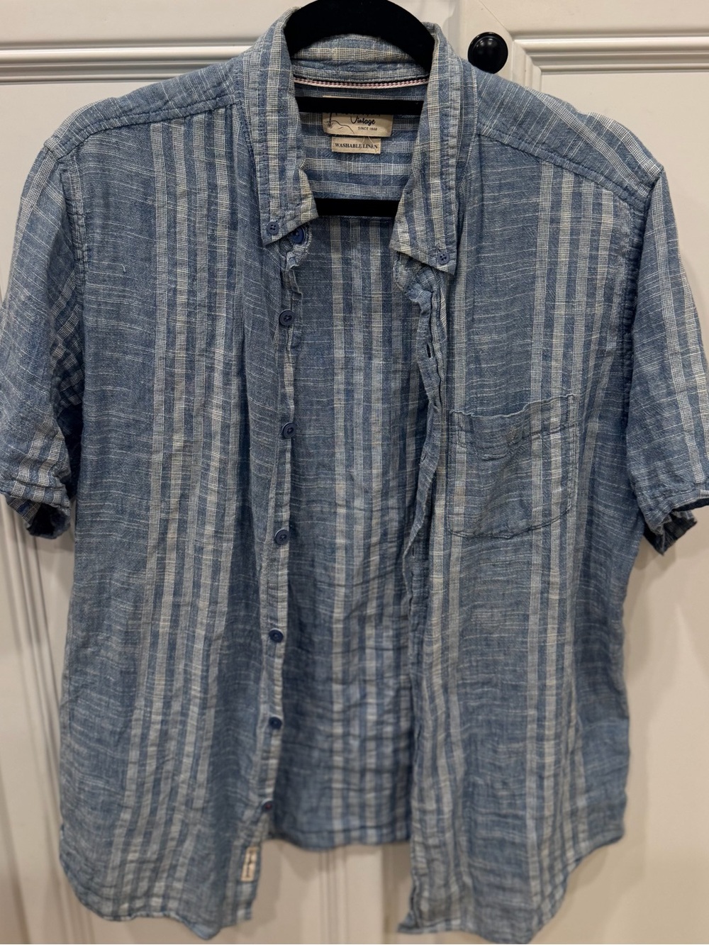 Men's Blue Striped Short-Sleeve Button-Down Shirt 100% Linen